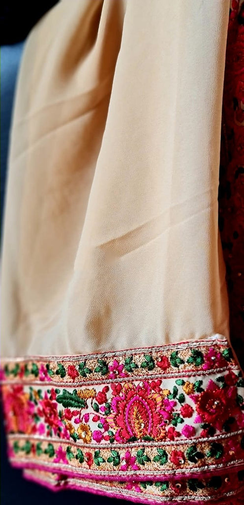 Zynah Designer Georgette Saree with Kashmiri Kaaj Embbroidery & Swarovski Stone Work; Custom Stitched/Ready-made Blouse, Fall, Petticoat; Shipping available USA, Worldwide