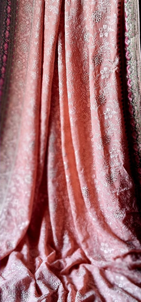 Zynah Soft Georgette Saree with Resham Embroidery & Swarovski Work; Custom Stitched/Ready-made Blouse, Fall, Petticoat; Shipping available USA, Worldwide