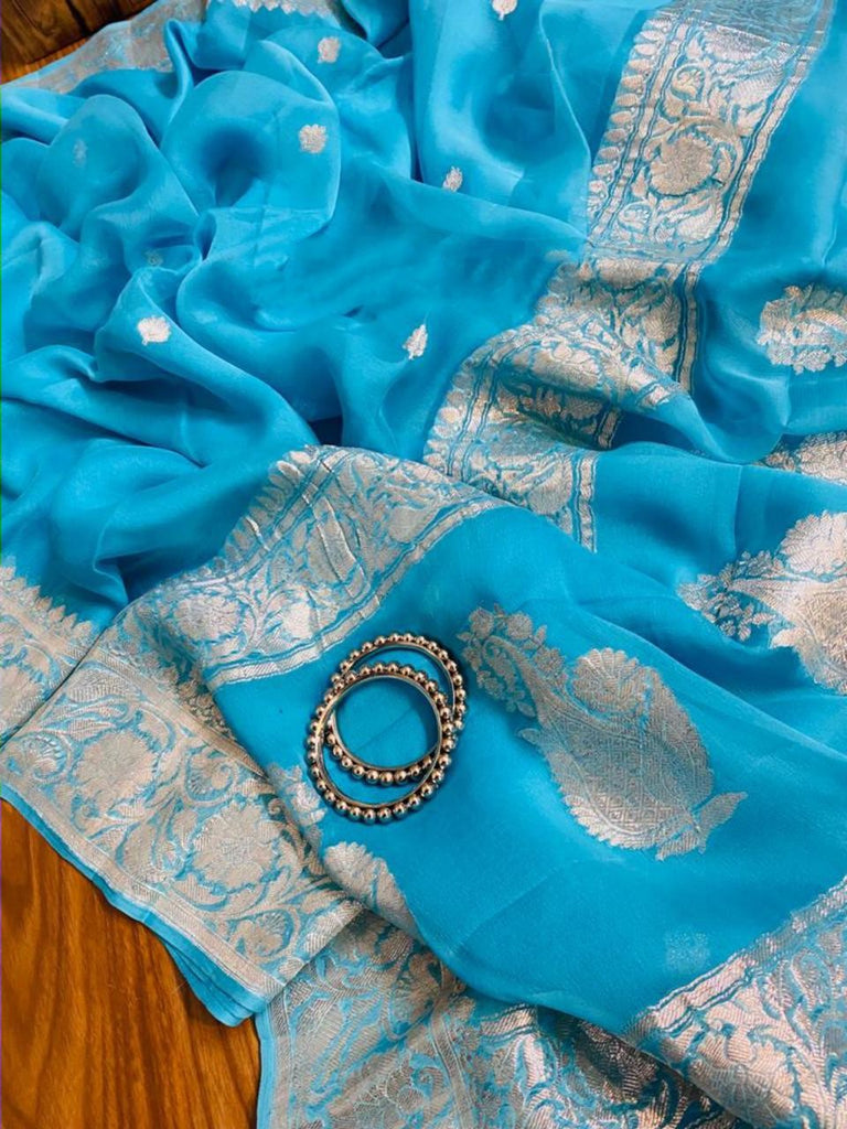 Zynah Pure Banarasi Handloom Khaddi Georgette Saree with Zari Border & Butis; Custom Stitched/Ready-made Blouse, Fall, Petticoat; Shipping available USA, Worldwide