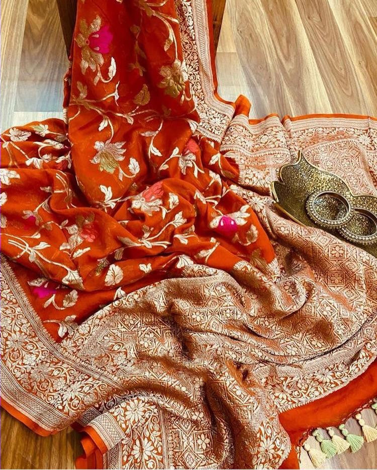 Zynah Pure Khaddi Georgette Banarasi Saree with Golden Zari & Meenakari Weaved Motifs; Custom Stitched/Ready-made Blouse, Fall, Petticoat; Shipping available USA, Worldwide