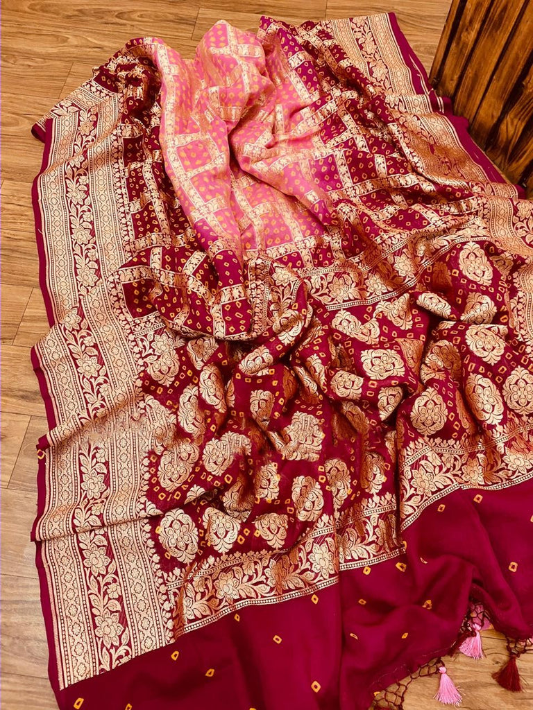 Zynah Khaddi Georgette Saree with Bandhani Prints, Antique Zari Weave; Custom Stitched/Ready-made Blouse, Fall, Petticoat; Shipping available USA, Worldwide