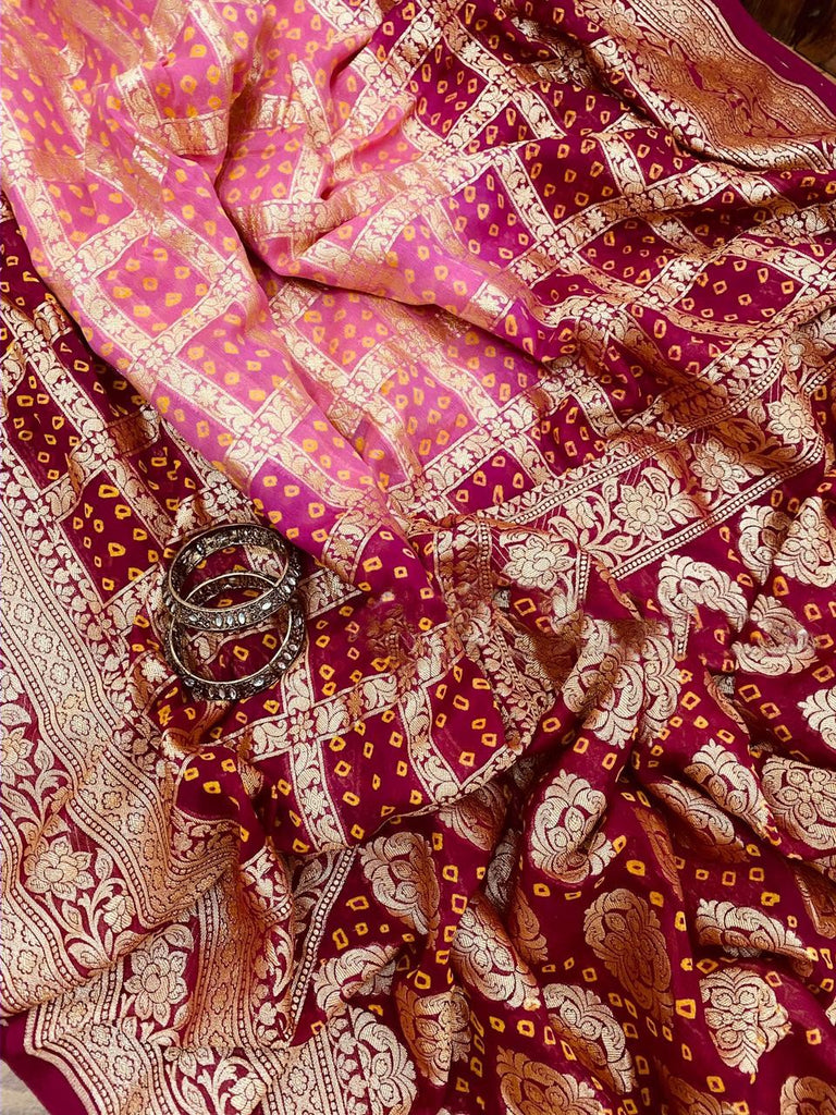 Zynah Khaddi Georgette Saree with Bandhani Prints, Antique Zari Weave; Custom Stitched/Ready-made Blouse, Fall, Petticoat; Shipping available USA, Worldwide