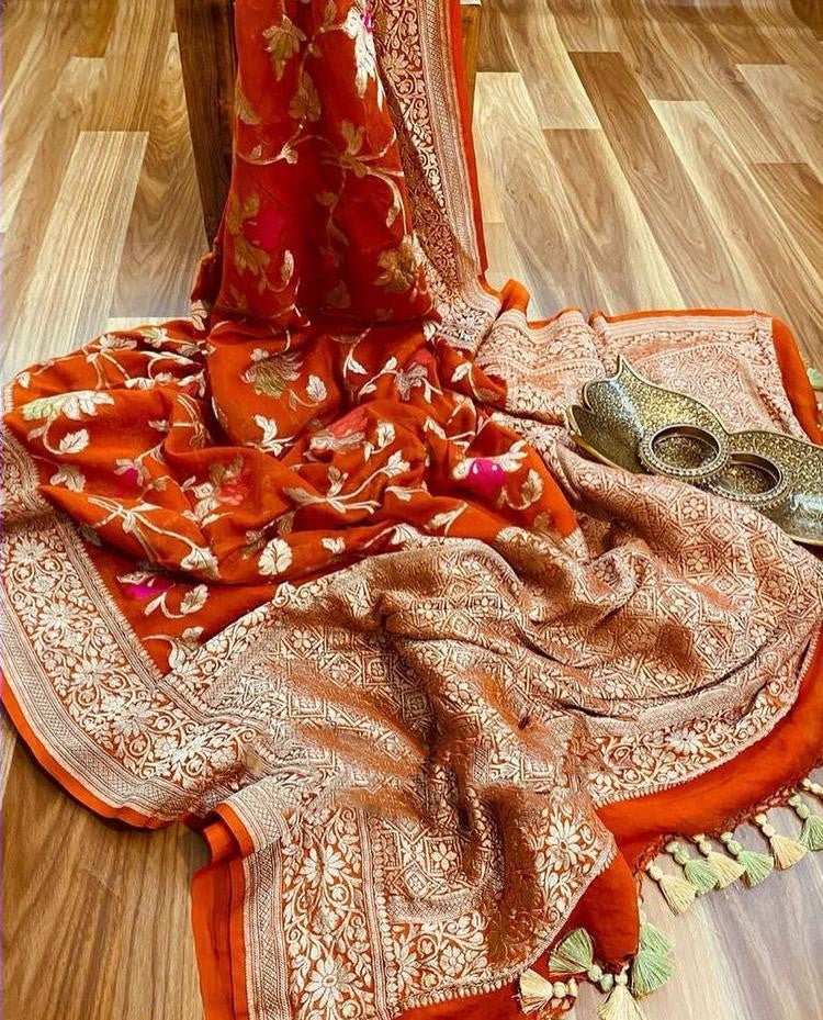 Zynah Pure Khaddi Georgette Banarasi Saree with Golden Zari & Meenakari Weaved Motifs; Custom Stitched/Ready-made Blouse, Fall, Petticoat; Shipping available USA, Worldwide