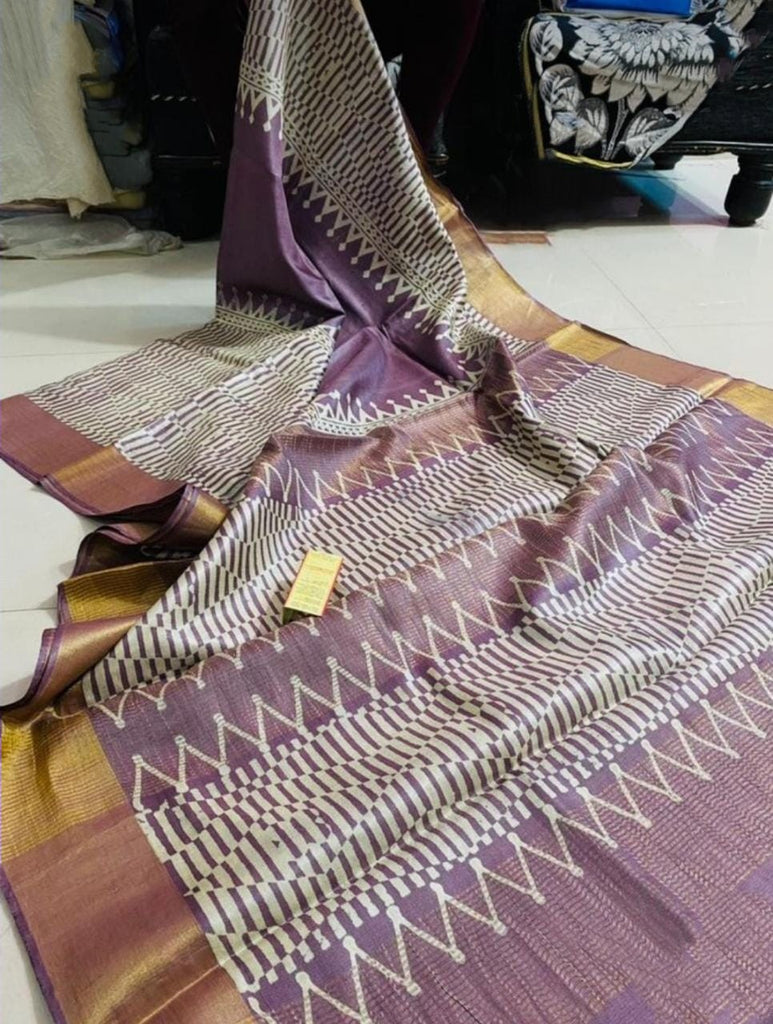 Zynah Pure Tussar Silk Saree with Hand-block Prints; Custom Stitched/Ready-made Blouse, Fall, Petticoat; Shipping available USA, Worldwide