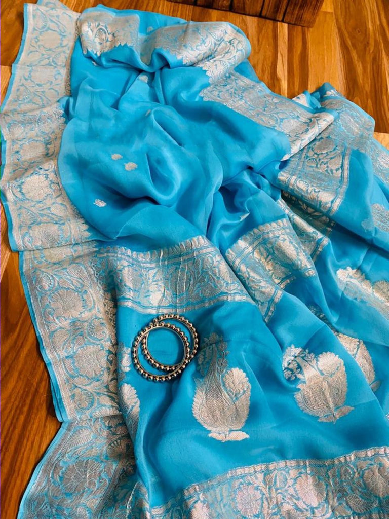 Zynah Pure Banarasi Handloom Khaddi Georgette Saree with Zari Border & Butis; Custom Stitched/Ready-made Blouse, Fall, Petticoat; Shipping available USA, Worldwide