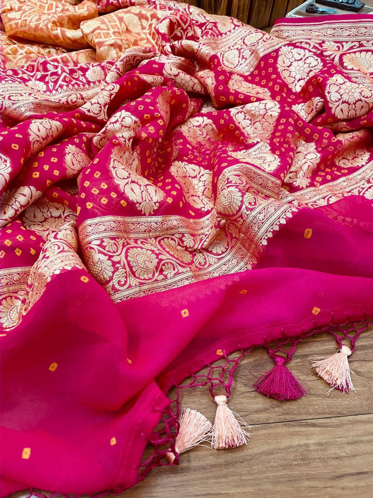 Zynah Khaddi Georgette Saree with Bandhani Prints, Antique Zari Weave; Custom Stitched/Ready-made Blouse, Fall, Petticoat; Shipping available USA, Worldwide