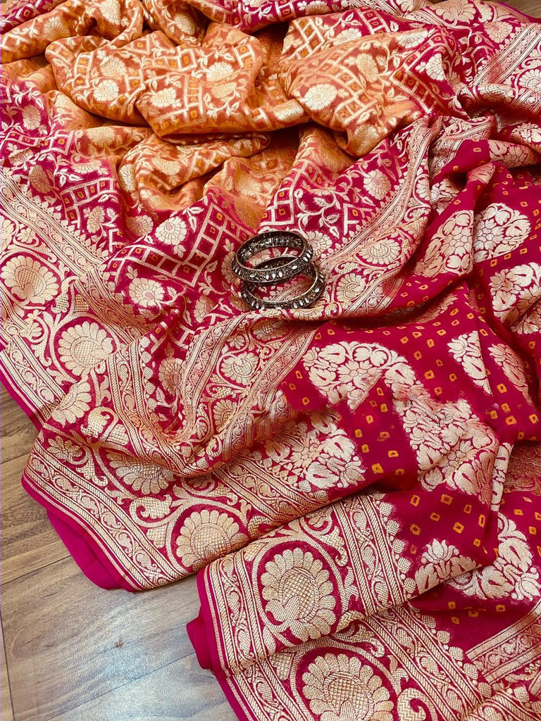 Zynah Khaddi Georgette Saree with Bandhani Prints, Antique Zari Weave; Custom Stitched/Ready-made Blouse, Fall, Petticoat; Shipping available USA, Worldwide