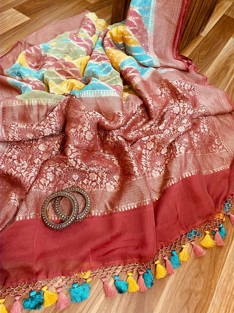 Zynah Pure Banarasi Woven Khaddi Georgette Saree; Custom Stitched/Ready-made Blouse, Fall, Petticoat; Shipping available USA, Worldwide