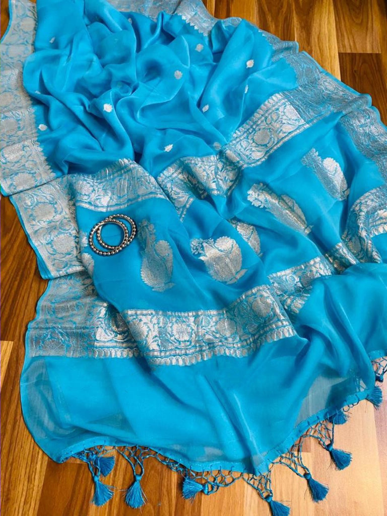 Zynah Pure Banarasi Handloom Khaddi Georgette Saree with Zari Border & Butis; Custom Stitched/Ready-made Blouse, Fall, Petticoat; Shipping available USA, Worldwide