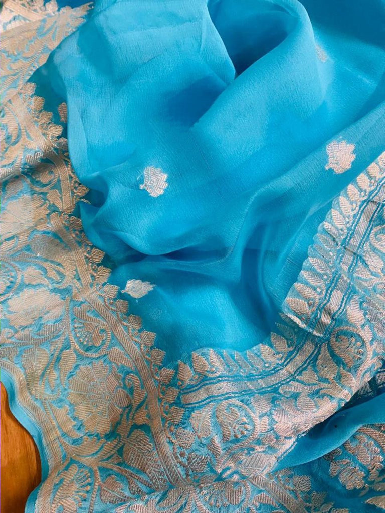 Zynah Pure Banarasi Handloom Khaddi Georgette Saree with Zari Border & Butis; Custom Stitched/Ready-made Blouse, Fall, Petticoat; Shipping available USA, Worldwide