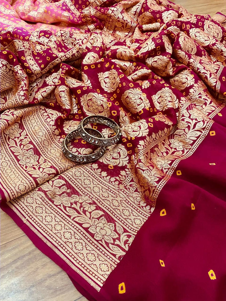 Zynah Khaddi Georgette Saree with Bandhani Prints, Antique Zari Weave; Custom Stitched/Ready-made Blouse, Fall, Petticoat; Shipping available USA, Worldwide