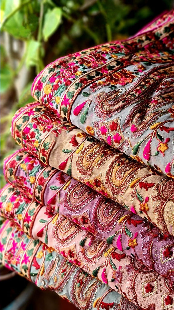 Zynah Designer Georgette Saree with Kashmiri Kaaj Embbroidery & Swarovski Stone Work; Custom Stitched/Ready-made Blouse, Fall, Petticoat; Shipping available USA, Worldwide