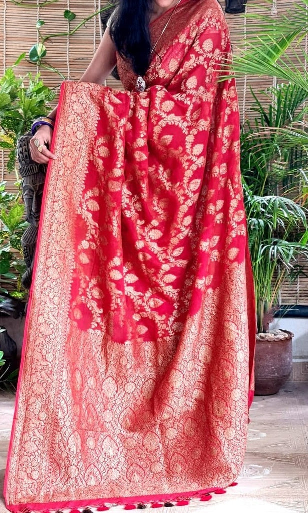Zynah Pure Banarasi Woven Khaddi Georgette Saree; Custom Stitched/Ready-made Blouse, Fall, Petticoat; Shipping available USA, Worldwide
