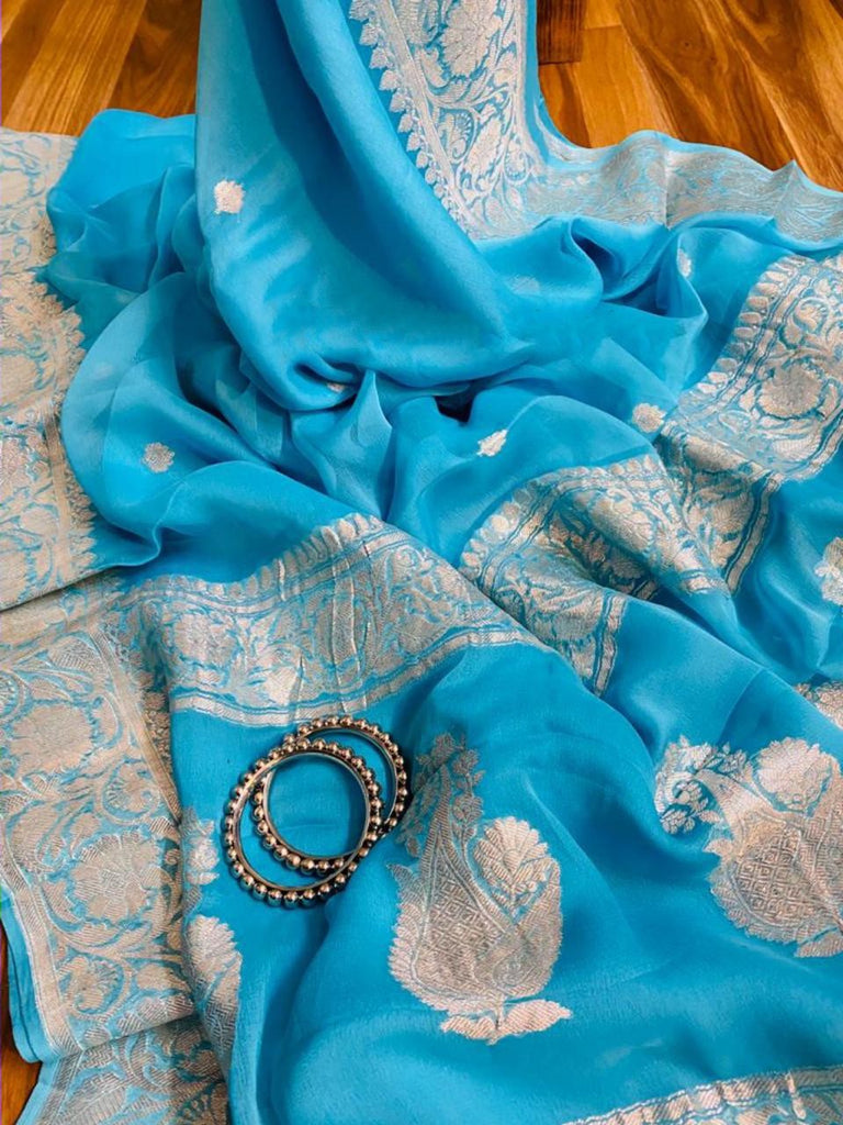 Zynah Pure Banarasi Handloom Khaddi Georgette Saree with Zari Border & Butis; Custom Stitched/Ready-made Blouse, Fall, Petticoat; Shipping available USA, Worldwide