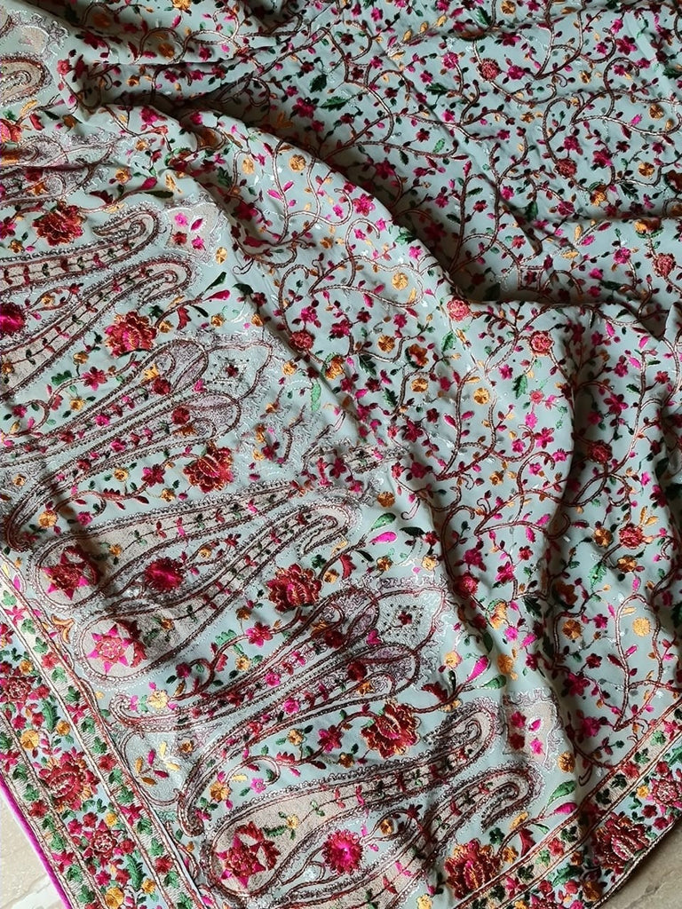 Zynah Designer Georgette Saree with Kashmiri Kaaj Embbroidery & Swarovski Stone Work; Custom Stitched/Ready-made Blouse, Fall, Petticoat; Shipping available USA, Worldwide