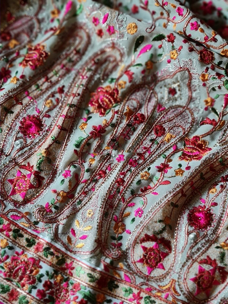 Zynah Designer Georgette Saree with Kashmiri Kaaj Embbroidery & Swarovski Stone Work; Custom Stitched/Ready-made Blouse, Fall, Petticoat; Shipping available USA, Worldwide