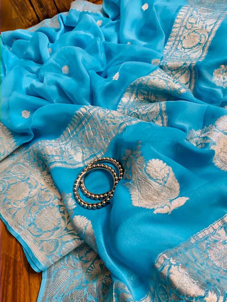 Zynah Pure Banarasi Handloom Khaddi Georgette Saree with Zari Border & Butis; Custom Stitched/Ready-made Blouse, Fall, Petticoat; Shipping available USA, Worldwide
