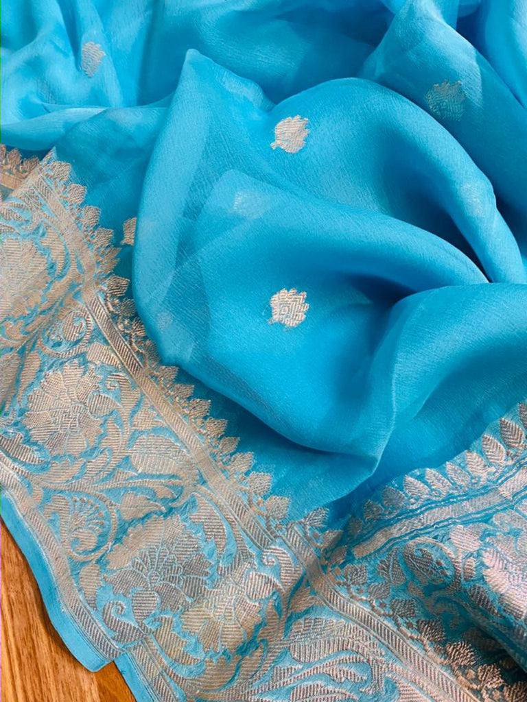 Zynah Pure Banarasi Handloom Khaddi Georgette Saree with Zari Border & Butis; Custom Stitched/Ready-made Blouse, Fall, Petticoat; Shipping available USA, Worldwide