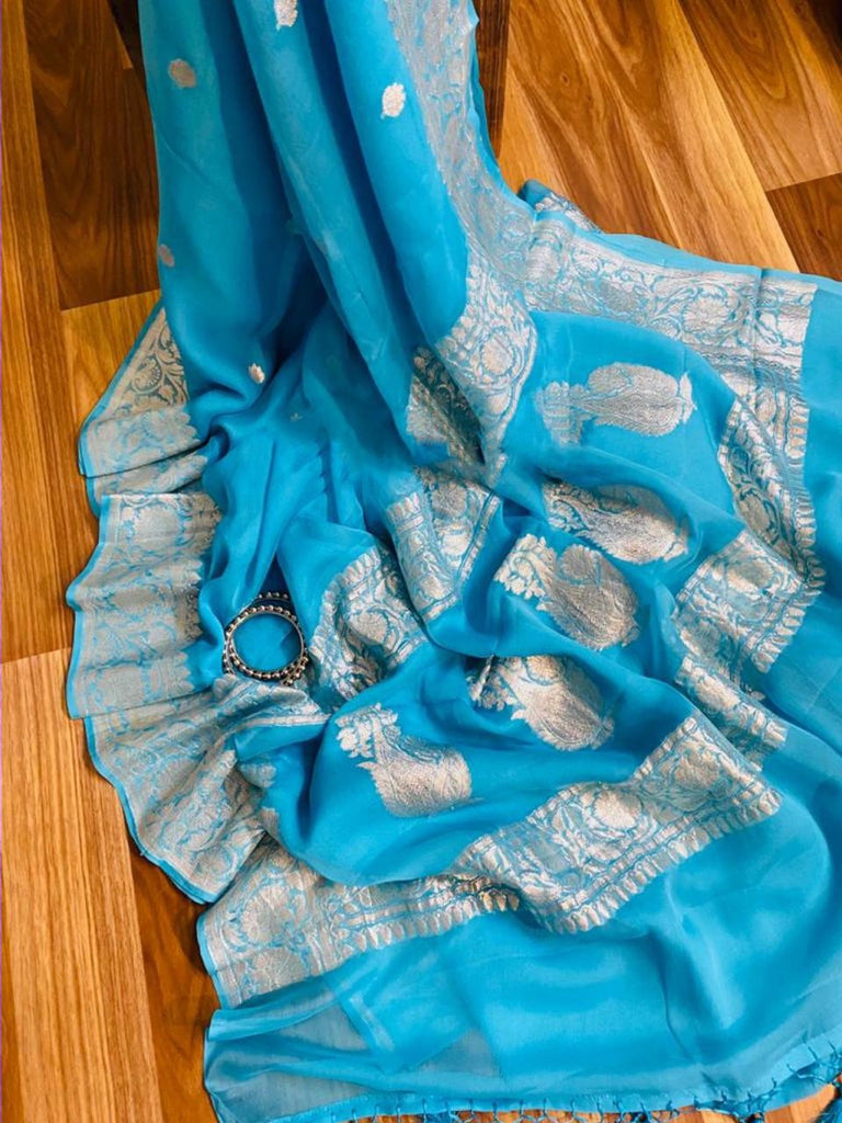 Zynah Pure Banarasi Handloom Khaddi Georgette Saree with Zari Border & Butis; Custom Stitched/Ready-made Blouse, Fall, Petticoat; Shipping available USA, Worldwide