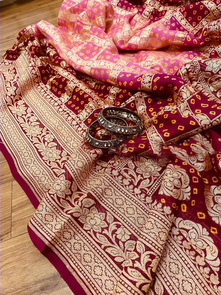 Zynah Khaddi Georgette Saree with Bandhani Prints, Antique Zari Weave; Custom Stitched/Ready-made Blouse, Fall, Petticoat; Shipping available USA, Worldwide