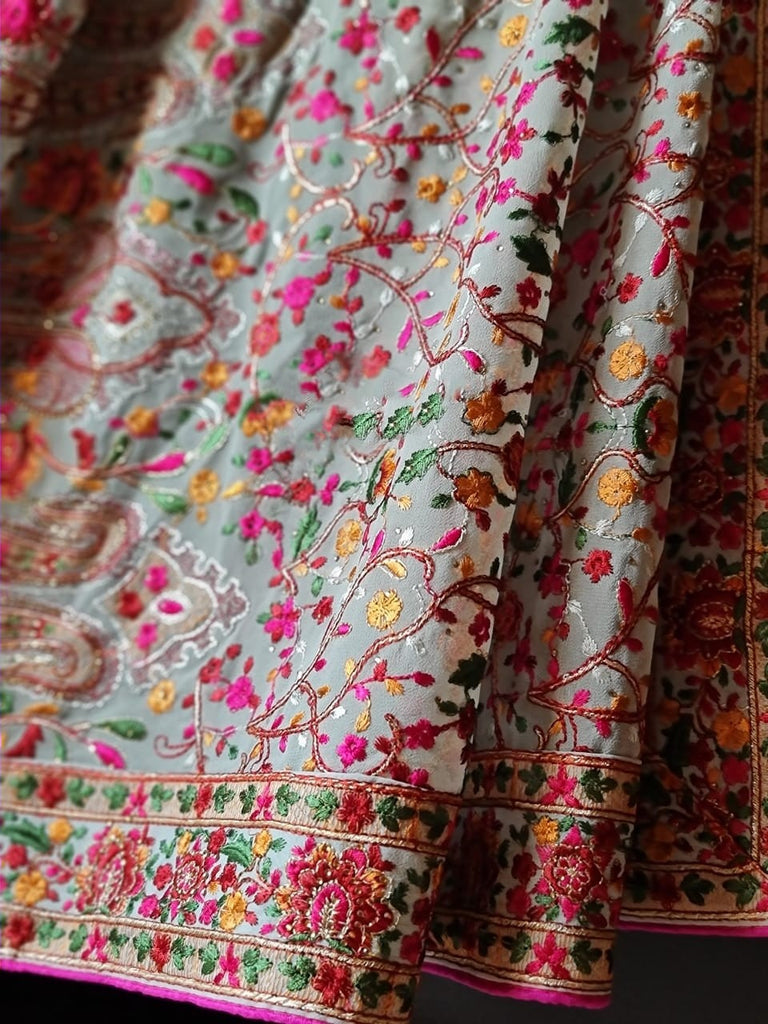 Zynah Designer Georgette Saree with Kashmiri Kaaj Embbroidery & Swarovski Stone Work; Custom Stitched/Ready-made Blouse, Fall, Petticoat; Shipping available USA, Worldwide