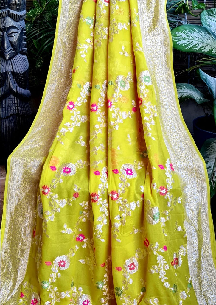 Zynah Pure Khaddi Georgette Banarasi Saree with Golden Zari and Meenakari Weaved Motifs; Custom Stitched/Ready-made Blouse, Fall, Petticoat; Shipping available USA, Worldwide