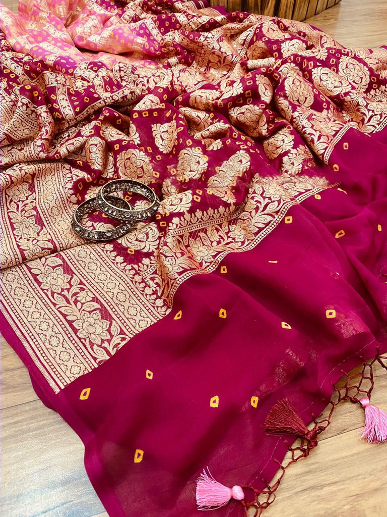 Zynah Khaddi Georgette Saree with Bandhani Prints, Antique Zari Weave; Custom Stitched/Ready-made Blouse, Fall, Petticoat; Shipping available USA, Worldwide