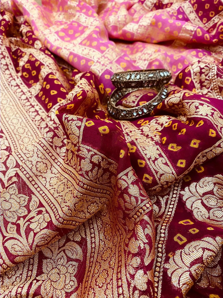 Zynah Khaddi Georgette Saree with Bandhani Prints, Antique Zari Weave; Custom Stitched/Ready-made Blouse, Fall, Petticoat; Shipping available USA, Worldwide