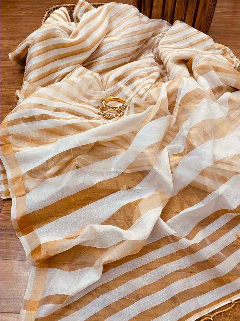 Zynah Organic Pure Linen by Linen(120c) Saree with Vertical Stripes; Custom Stitched/Ready-made Blouse, Fall, Petticoat; Shipping available USA, Worldwide