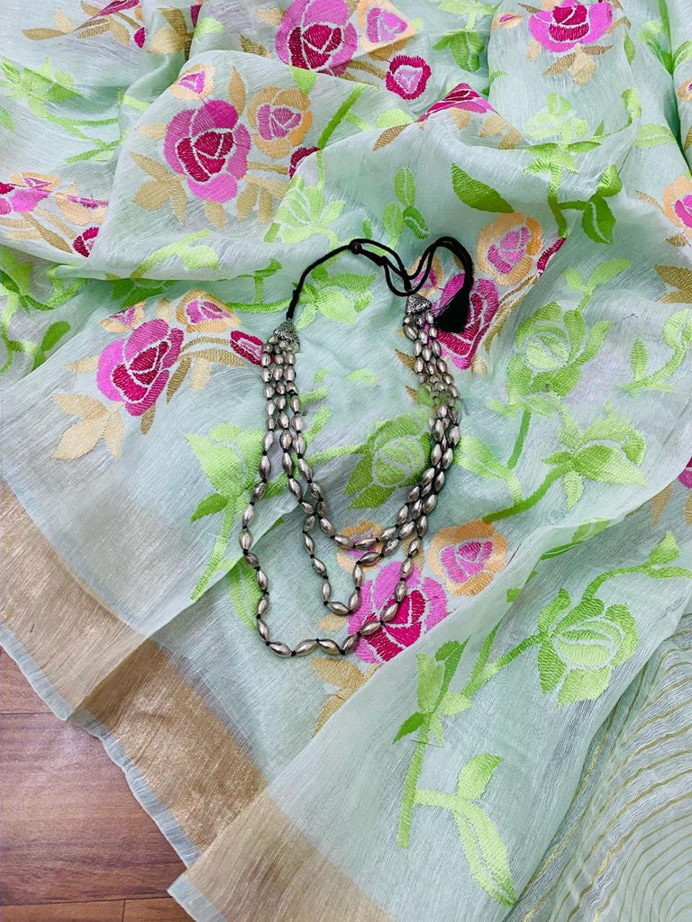 Zynah Silk Linen saree with Jaal Embroidery; Custom Stitched/Ready-made Blouse, Fall, Petticoat; Shipping available USA, Worldwide