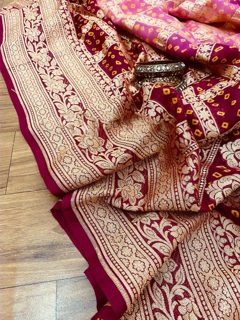 Zynah Khaddi Georgette Saree with Bandhani Prints, Antique Zari Weave; Custom Stitched/Ready-made Blouse, Fall, Petticoat; Shipping available USA, Worldwide