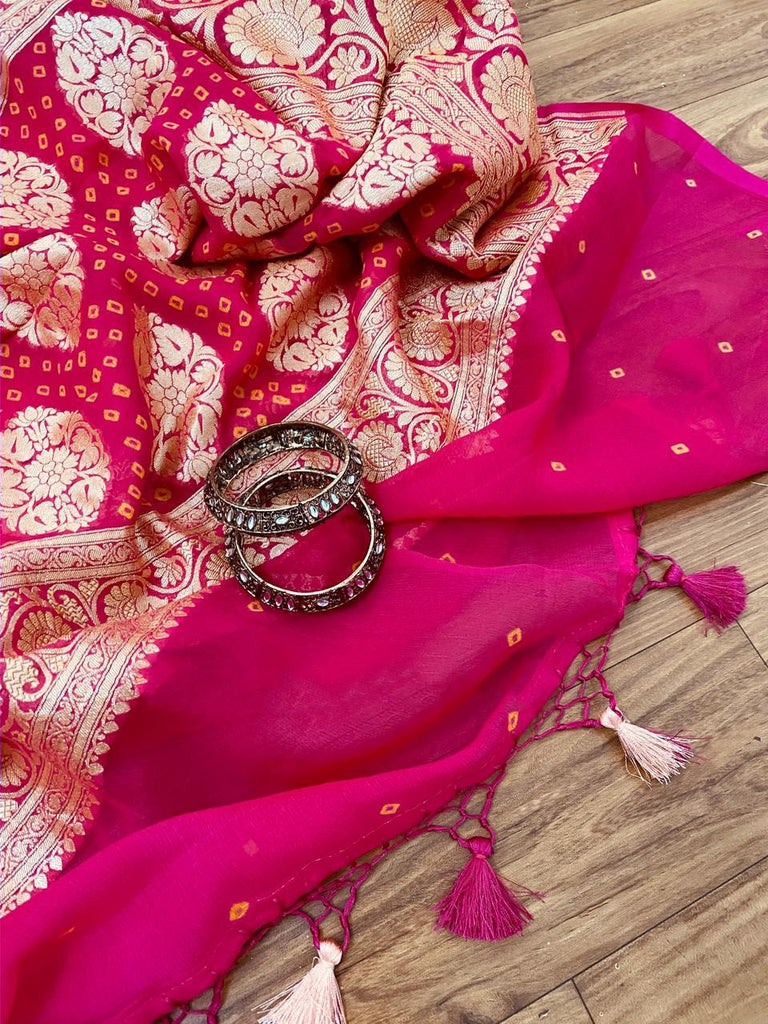 Zynah Khaddi Georgette Saree with Bandhani Prints, Antique Zari Weave; Custom Stitched/Ready-made Blouse, Fall, Petticoat; Shipping available USA, Worldwide