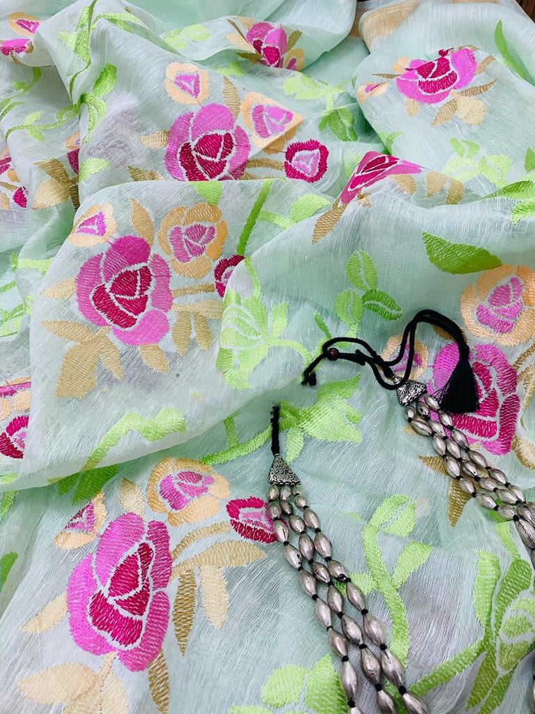 Zynah Silk Linen saree with Jaal Embroidery; Custom Stitched/Ready-made Blouse, Fall, Petticoat; Shipping available USA, Worldwide