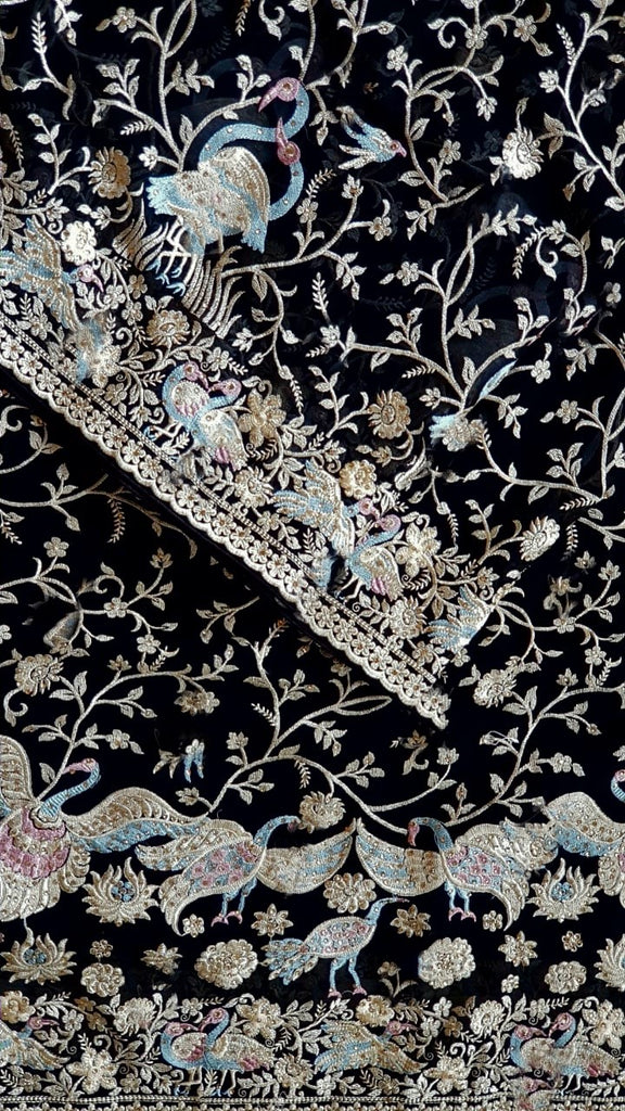 Zynah Pure Georgette Saree with Heavy Embroidery & Swarovski Stone Work; Custom Stitched/Ready-made Blouse, Fall, Petticoat; Shipping available USA, Worldwide