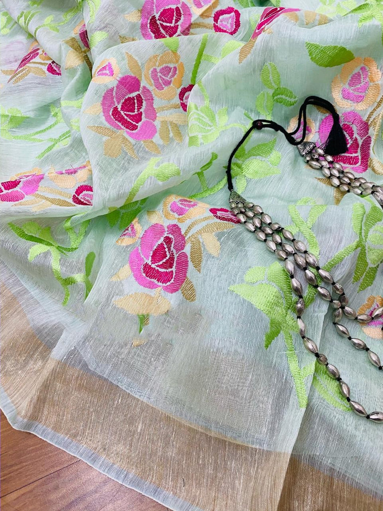 Zynah Silk Linen saree with Jaal Embroidery; Custom Stitched/Ready-made Blouse, Fall, Petticoat; Shipping available USA, Worldwide