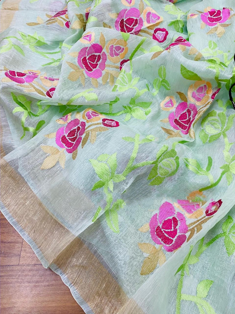 Zynah Silk Linen saree with Jaal Embroidery; Custom Stitched/Ready-made Blouse, Fall, Petticoat; Shipping available USA, Worldwide