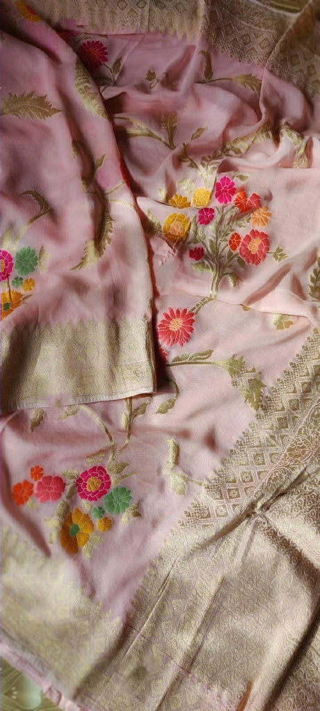 Zynah Pure Khaddi Georgette Saree with Golden Zari & Meenakari Weave; Custom Stitched/Ready-made Blouse, Fall, Petticoat; Shipping available USA, Worldwide