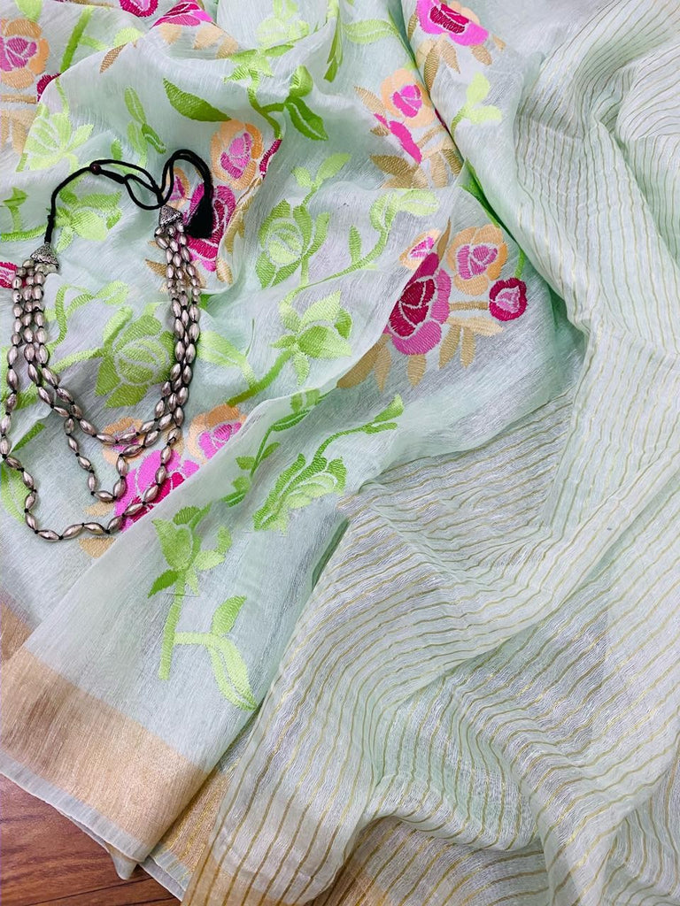 Zynah Silk Linen saree with Jaal Embroidery; Custom Stitched/Ready-made Blouse, Fall, Petticoat; Shipping available USA, Worldwide