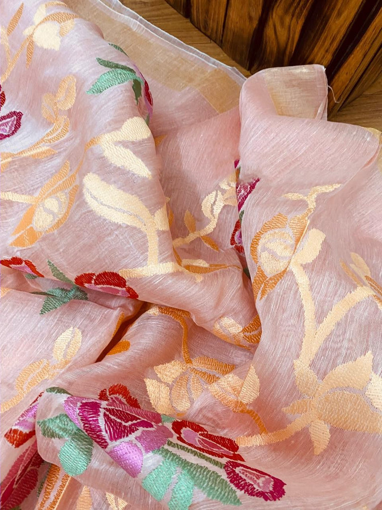 Zynah Silk Linen saree with Jaal Embroidery; Custom Stitched/Ready-made Blouse, Fall, Petticoat; Shipping available USA, Worldwide