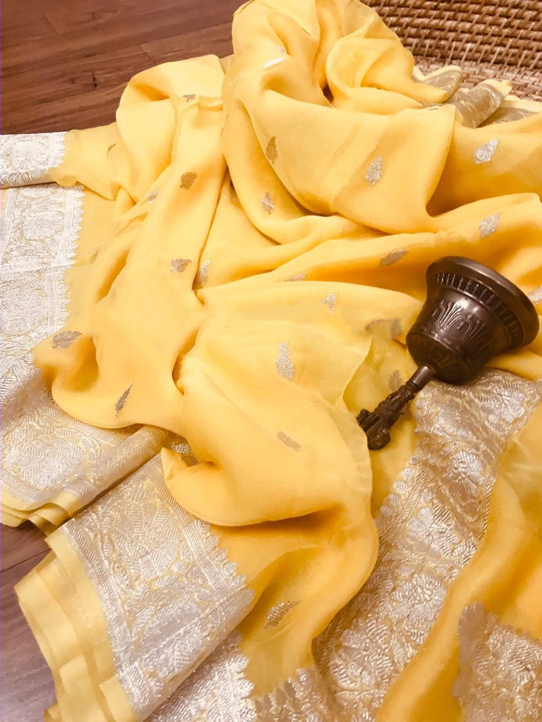 Zynah Pure Banarasi Handloom Khaddi Georgette Saree with Zari Border & Butis; Custom Stitched/Ready-made Blouse, Fall, Petticoat; Shipping available USA, Worldwide