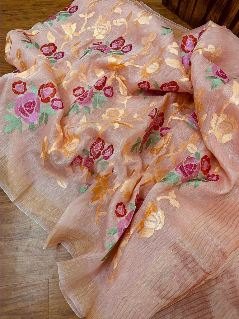 Zynah Silk Linen saree with Jaal Embroidery; Custom Stitched/Ready-made Blouse, Fall, Petticoat; Shipping available USA, Worldwide