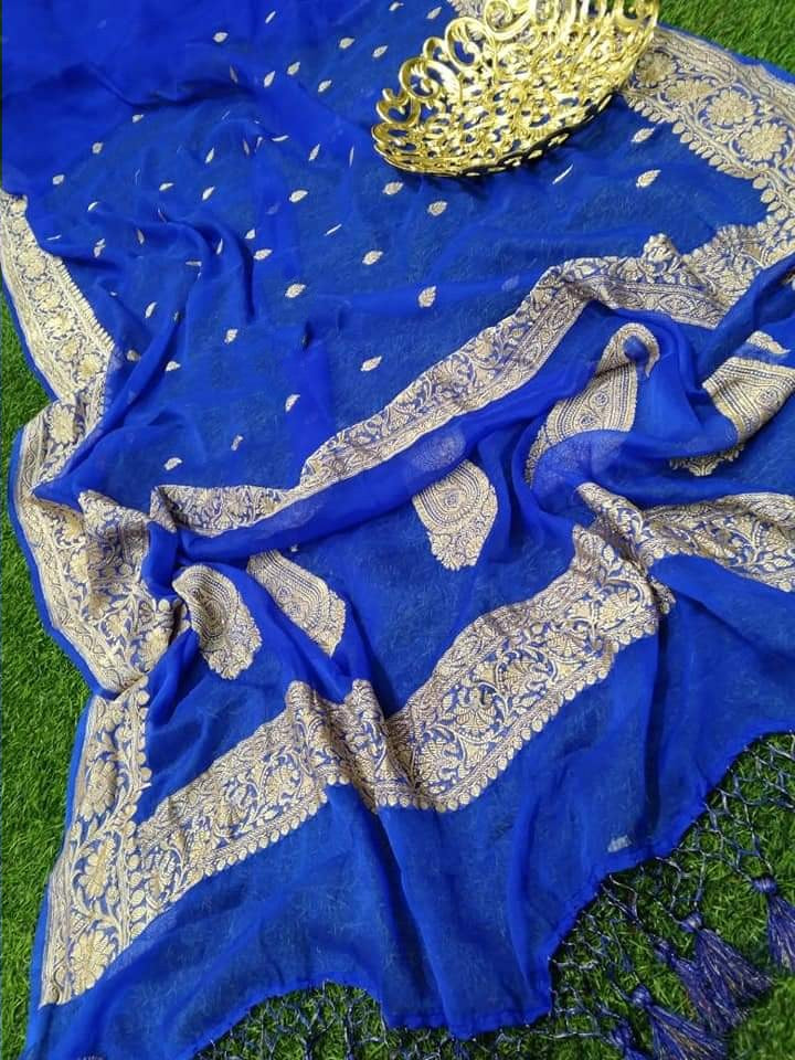 Zynah Pure Banarasi Handloom Khaddi Georgette Saree with Zari Border & Butis; Custom Stitched/Ready-made Blouse, Fall, Petticoat; Shipping available USA, Worldwide