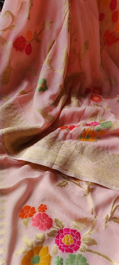 Zynah Pure Khaddi Georgette Saree with Golden Zari & Meenakari Weave; Custom Stitched/Ready-made Blouse, Fall, Petticoat; Shipping available USA, Worldwide