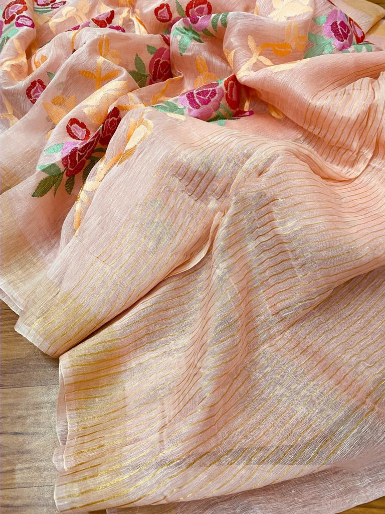 Zynah Silk Linen saree with Jaal Embroidery; Custom Stitched/Ready-made Blouse, Fall, Petticoat; Shipping available USA, Worldwide