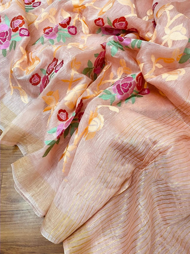 Zynah Silk Linen saree with Jaal Embroidery; Custom Stitched/Ready-made Blouse, Fall, Petticoat; Shipping available USA, Worldwide