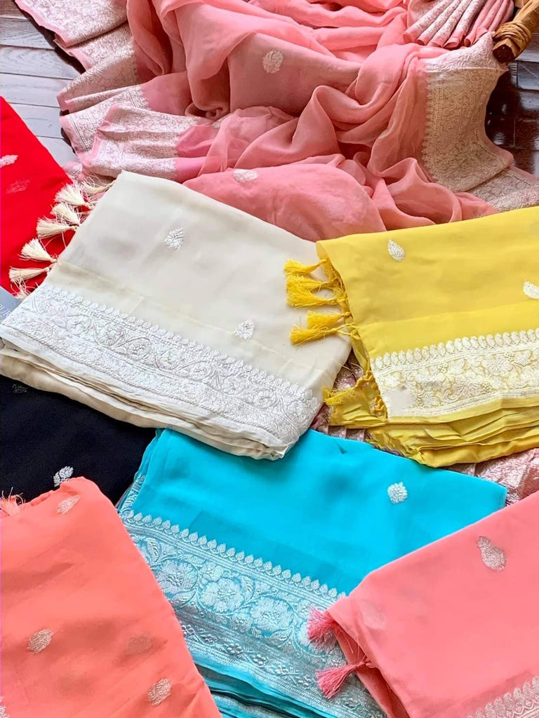 Zynah Pure Banarasi Handloom Khaddi Georgette Saree with Zari Border & Butis; Custom Stitched/Ready-made Blouse, Fall, Petticoat; Shipping available USA, Worldwide