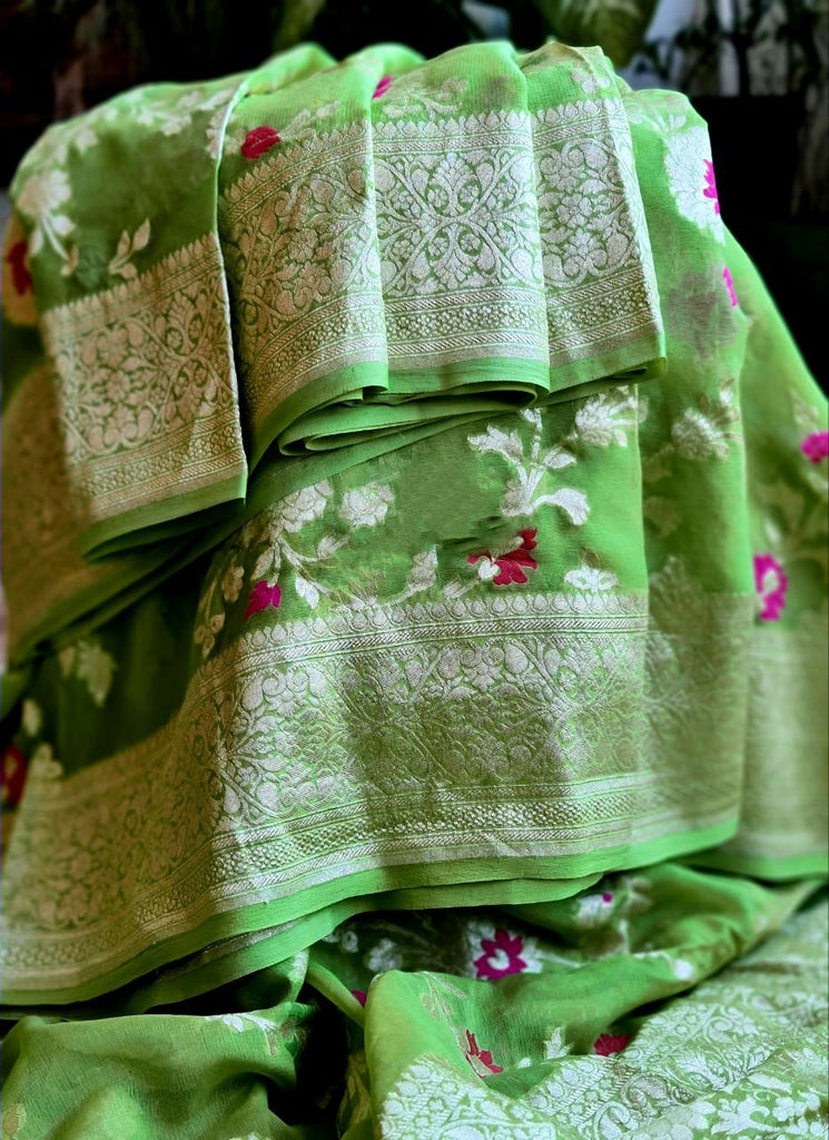 Zynah Pure Khaddi Georgette Banarasi Saree with Golden Zari and Meenakari Weaved Motifs; Custom Stitched/Ready-made Blouse, Fall, Petticoat; Shipping available USA, Worldwide