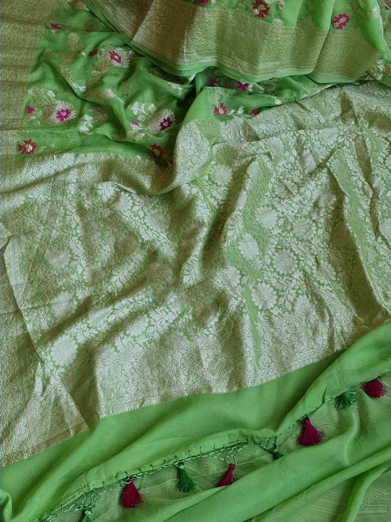 Zynah Pure Khaddi Georgette Banarasi Saree with Golden Zari and Meenakari Weaved Motifs; Custom Stitched/Ready-made Blouse, Fall, Petticoat; Shipping available USA, Worldwide