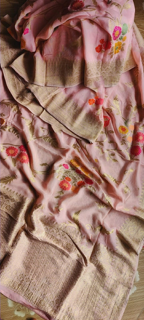 Zynah Pure Khaddi Georgette Saree with Golden Zari & Meenakari Weave; Custom Stitched/Ready-made Blouse, Fall, Petticoat; Shipping available USA, Worldwide