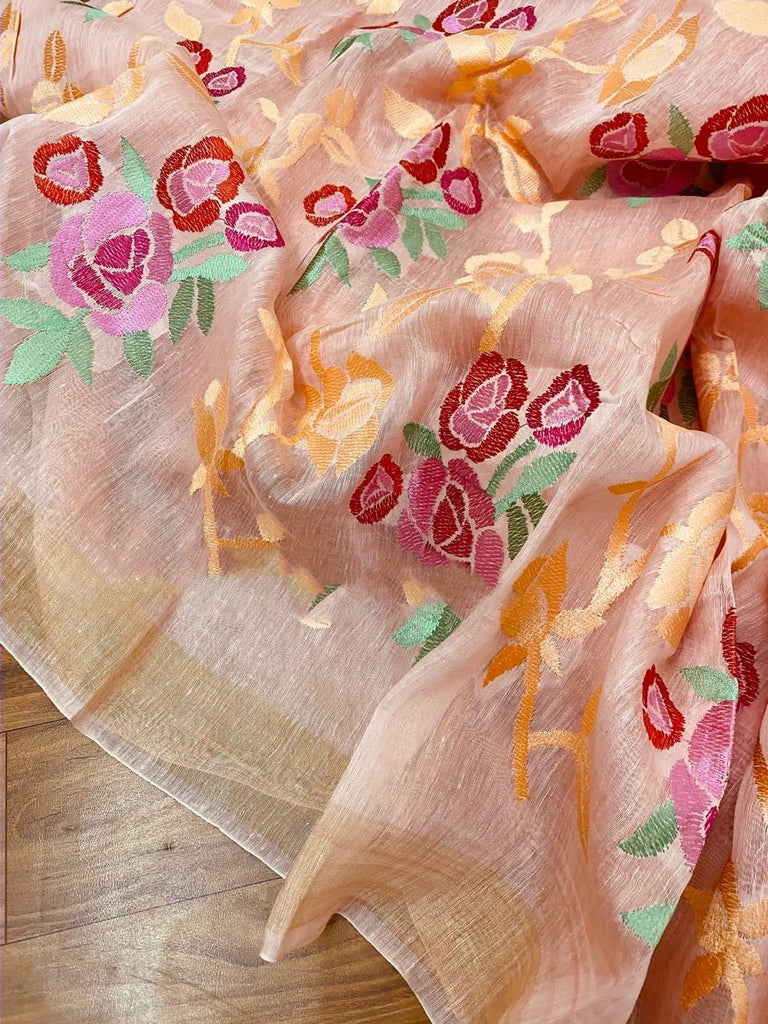 Zynah Silk Linen saree with Jaal Embroidery; Custom Stitched/Ready-made Blouse, Fall, Petticoat; Shipping available USA, Worldwide